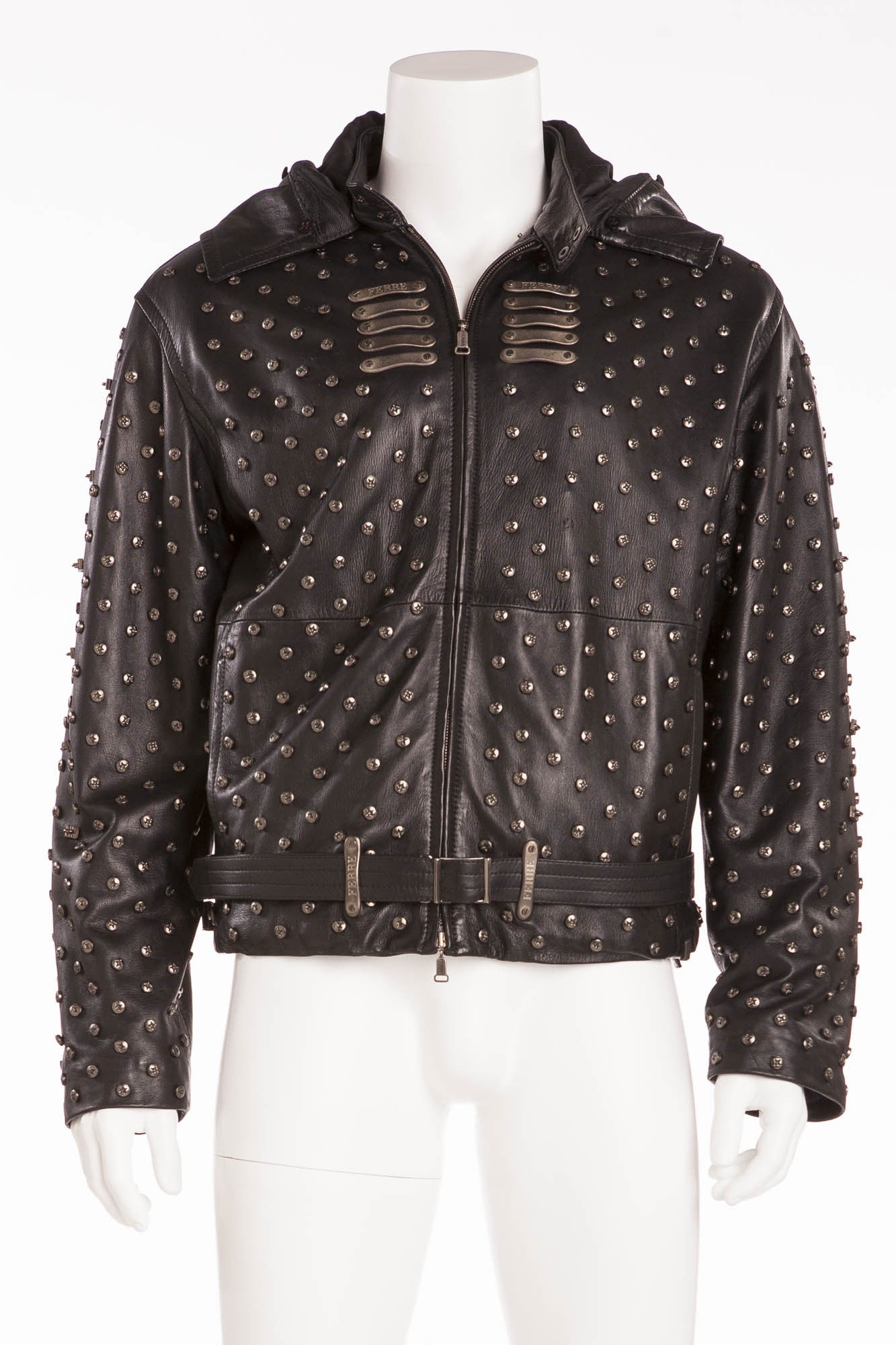 Gianfranco Ferre - Black Leather Screw Embellishment Zip Up Jacket