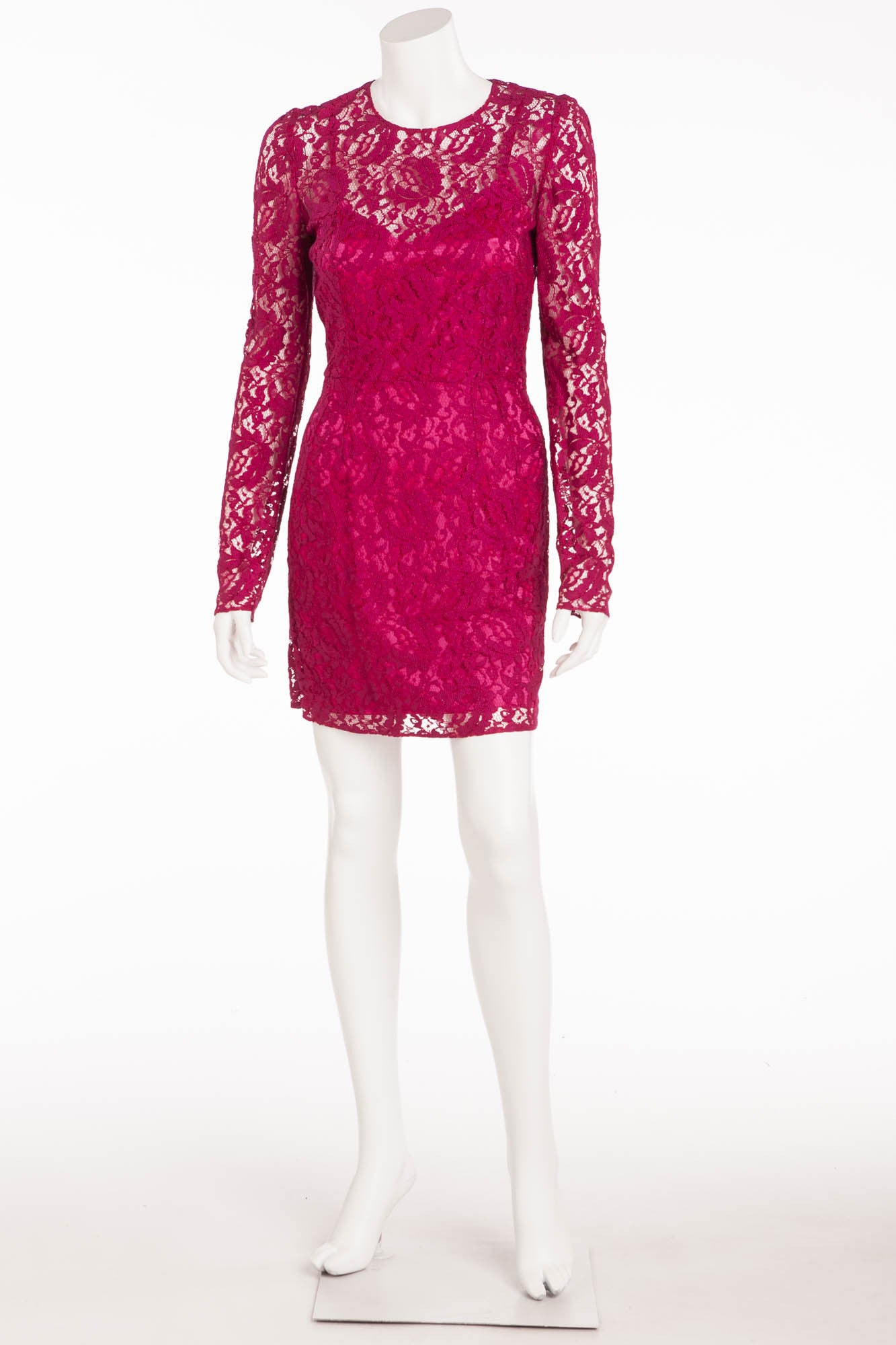 Dolce & Gabbana - Fuchsia Floral Lace Long Sleeve Mini Dress - IT 42 LUXHAVE Dolce & Gabbana - Fuchsia Floral Lace Long Sleeve Mini Dress - IT 42 LUXHAVE