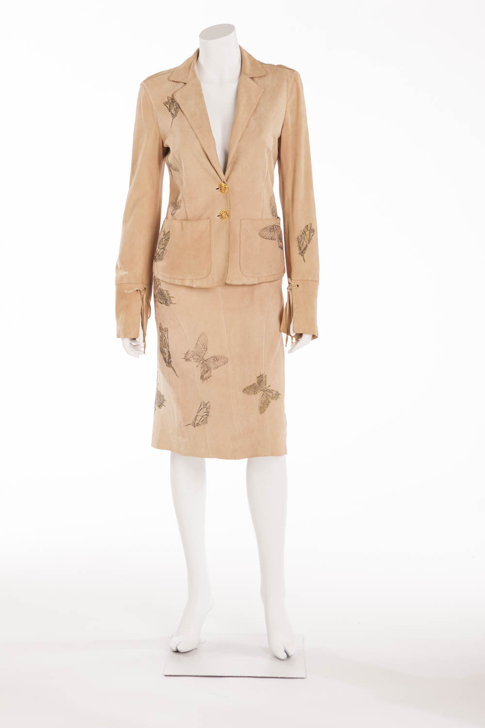 Roberto Cavalli - 2PC Tan Suede Butterfly Skirt and Jacket