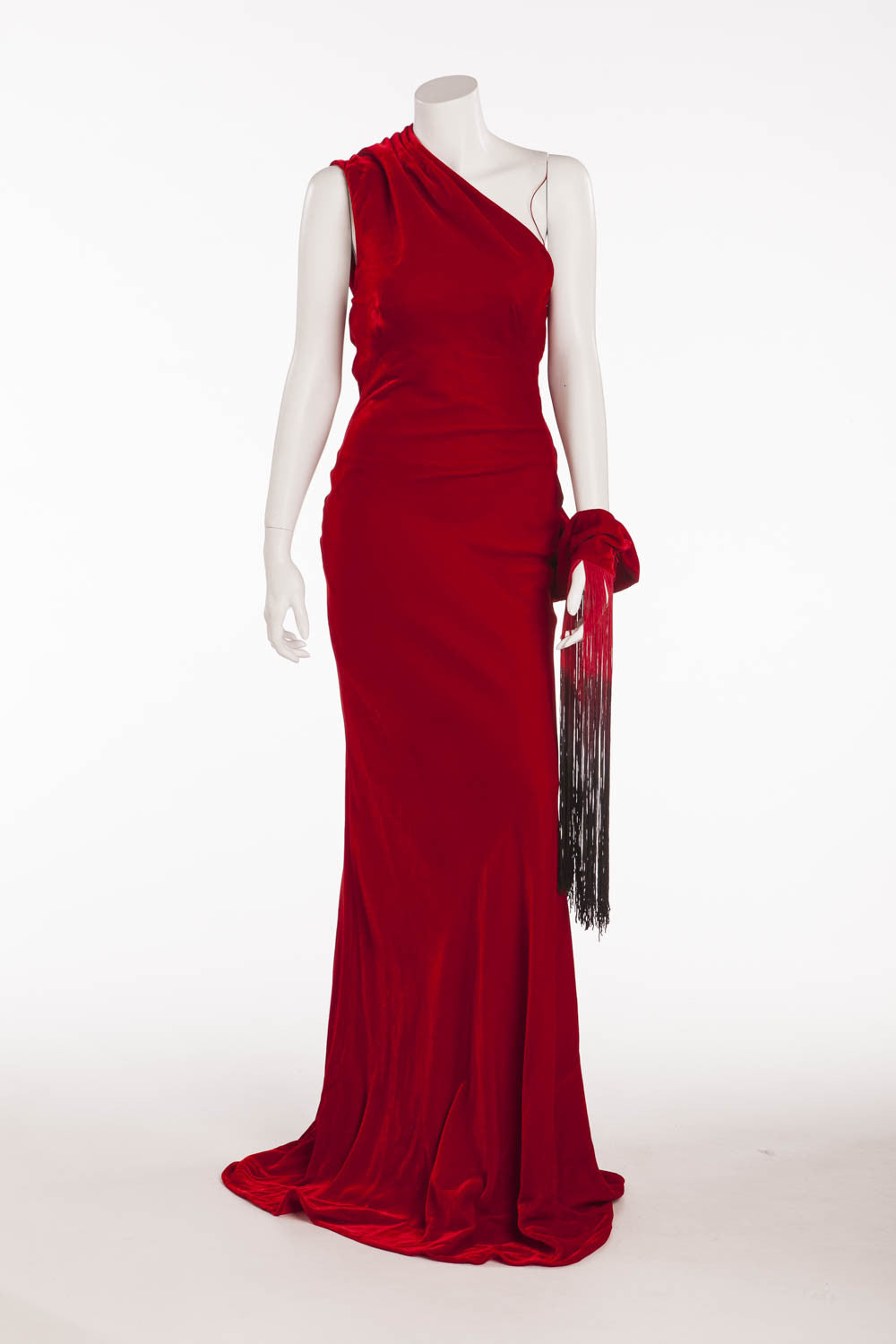 Original Alexander McQueen - Red Long Velvet Grecian Gown with Arm Tas LUXHAVE Original Alexander McQueen - Red Long Velvet Grecian Gown with Arm Tas LUXHAVE