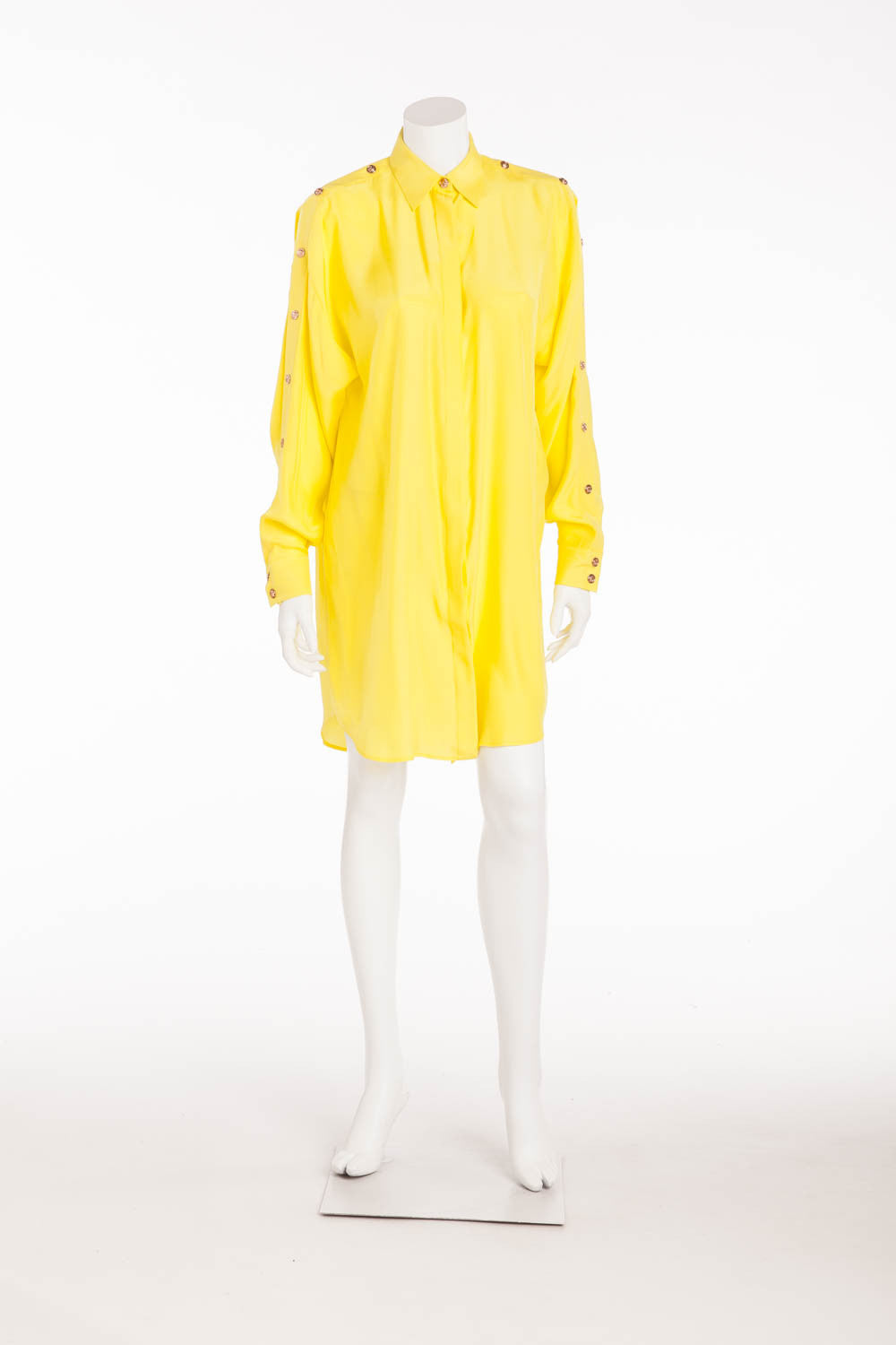 Versace - Yellow Long Sleeve Silk Button Up Dress Shirt with Rose Gold LUXHAVE Versace - Yellow Long Sleeve Silk Button Up Dress Shirt with Rose Gold LUXHAVE