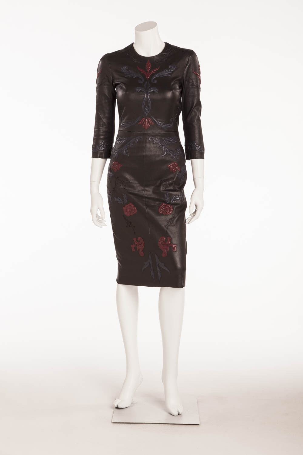 Jitrois - Black 3/4 Sleeve Leather Dress Embellished with Blue and Red   LUXHAVE