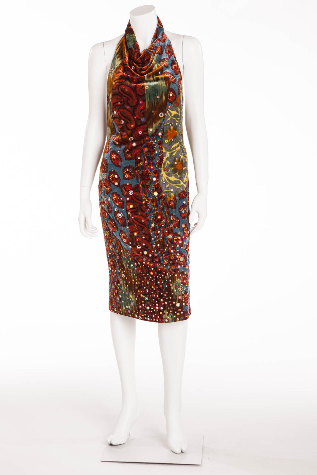 Oscar De La Renta - Blue and Red Velvet Print Halter Dress - US 4 LUXHAVE Oscar De La Renta - Blue and Red Velvet Print Halter Dress - US 4 LUXHAVE
