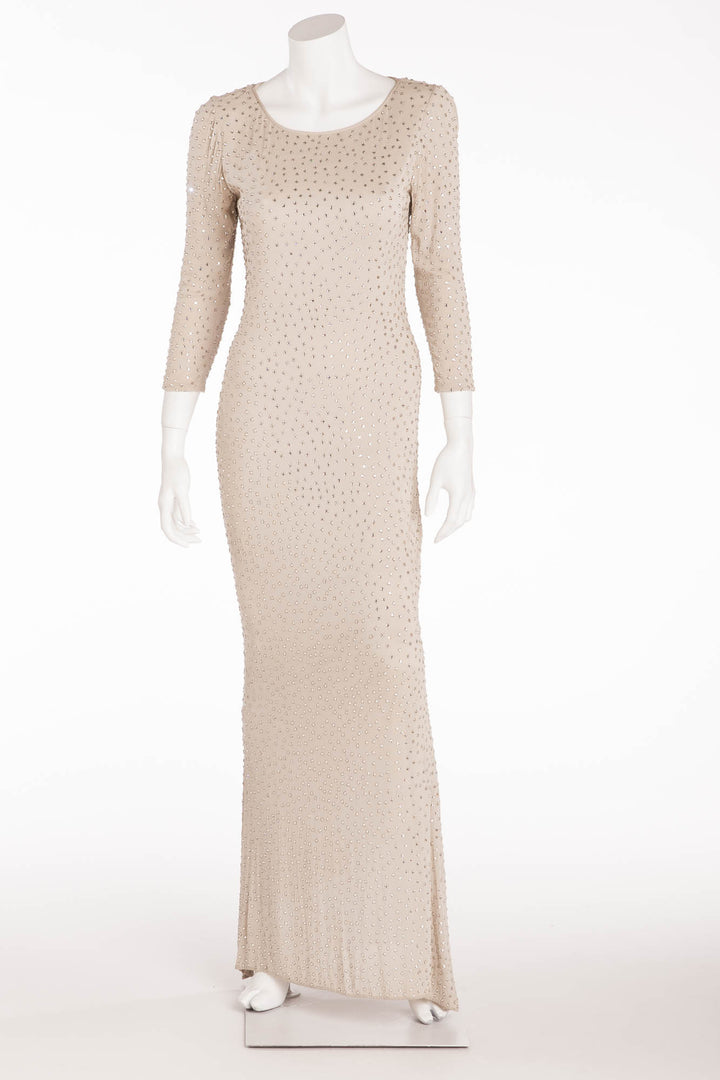 Halston - Vintage Light Gray 3/4 Sleeve Rhinestone Long Evening Gown - LUXHAVE Halston - Vintage Light Gray 3/4 Sleeve Rhinestone Long Evening Gown - LUXHAVE