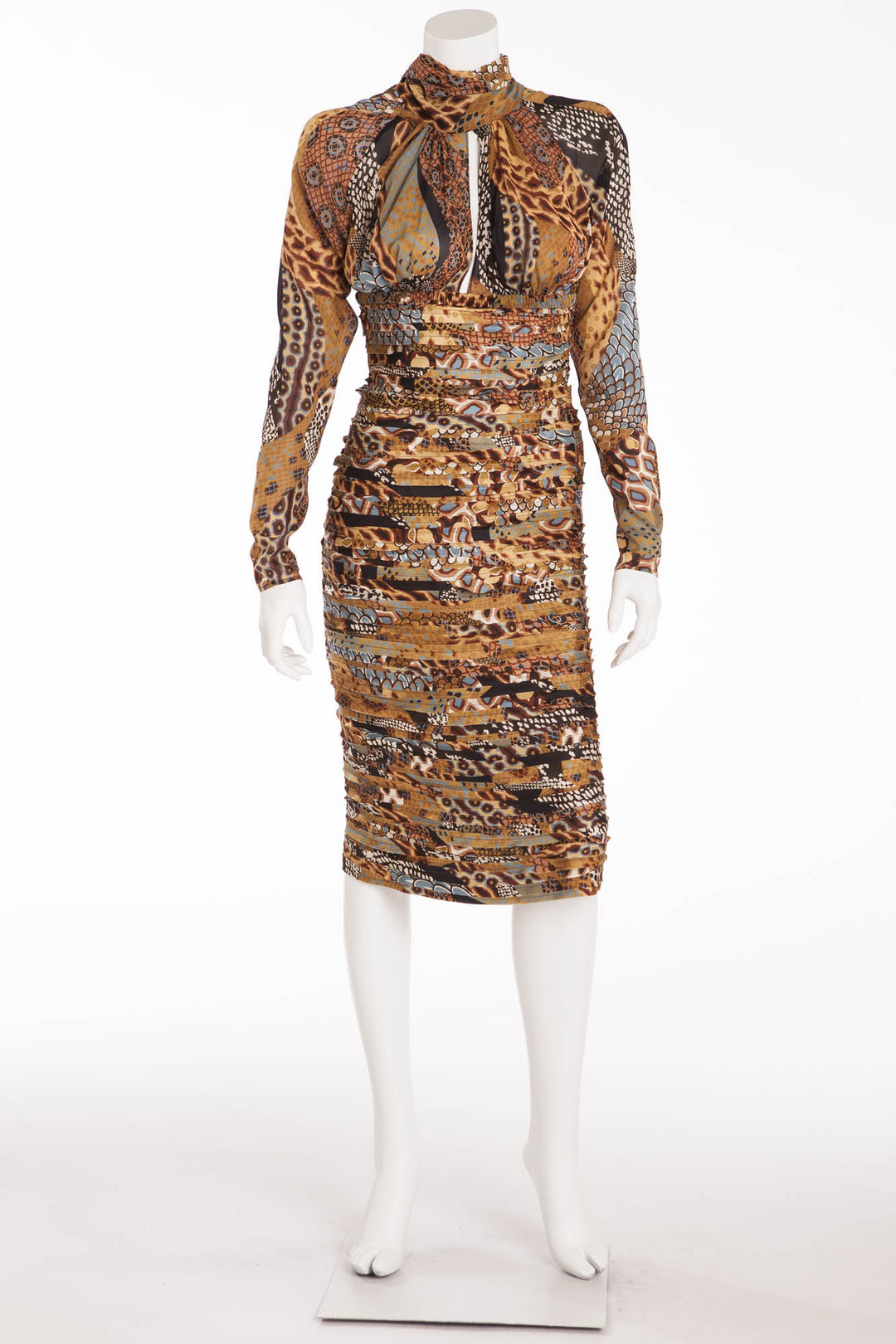 Versace - Long Sleeve Brown and Pale blue Dress with Open Back
