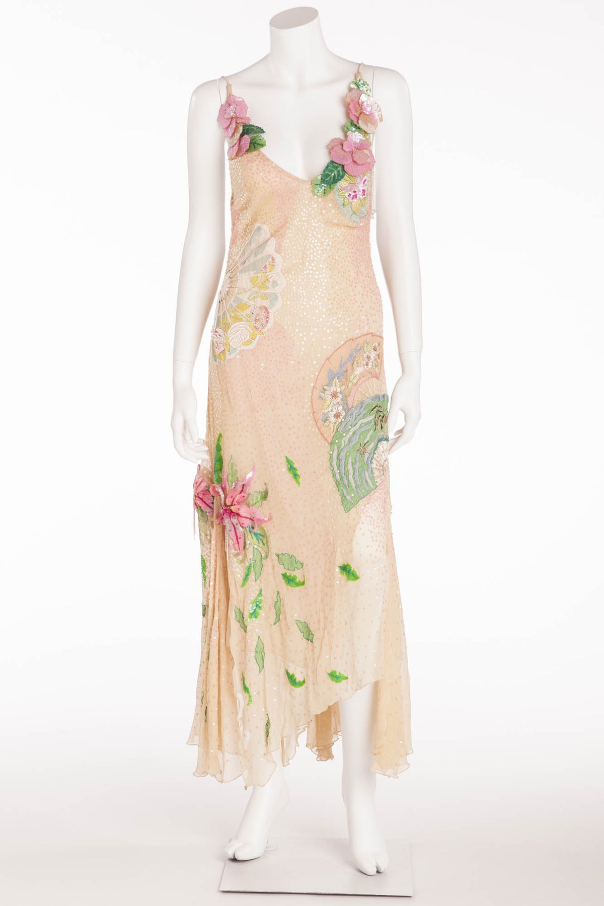 Blumarine - Editorial, Nude color Dress with Pink and Green Embellishm LUXHAVE Blumarine - Editorial, Nude color Dress with Pink and Green Embellishm LUXHAVE