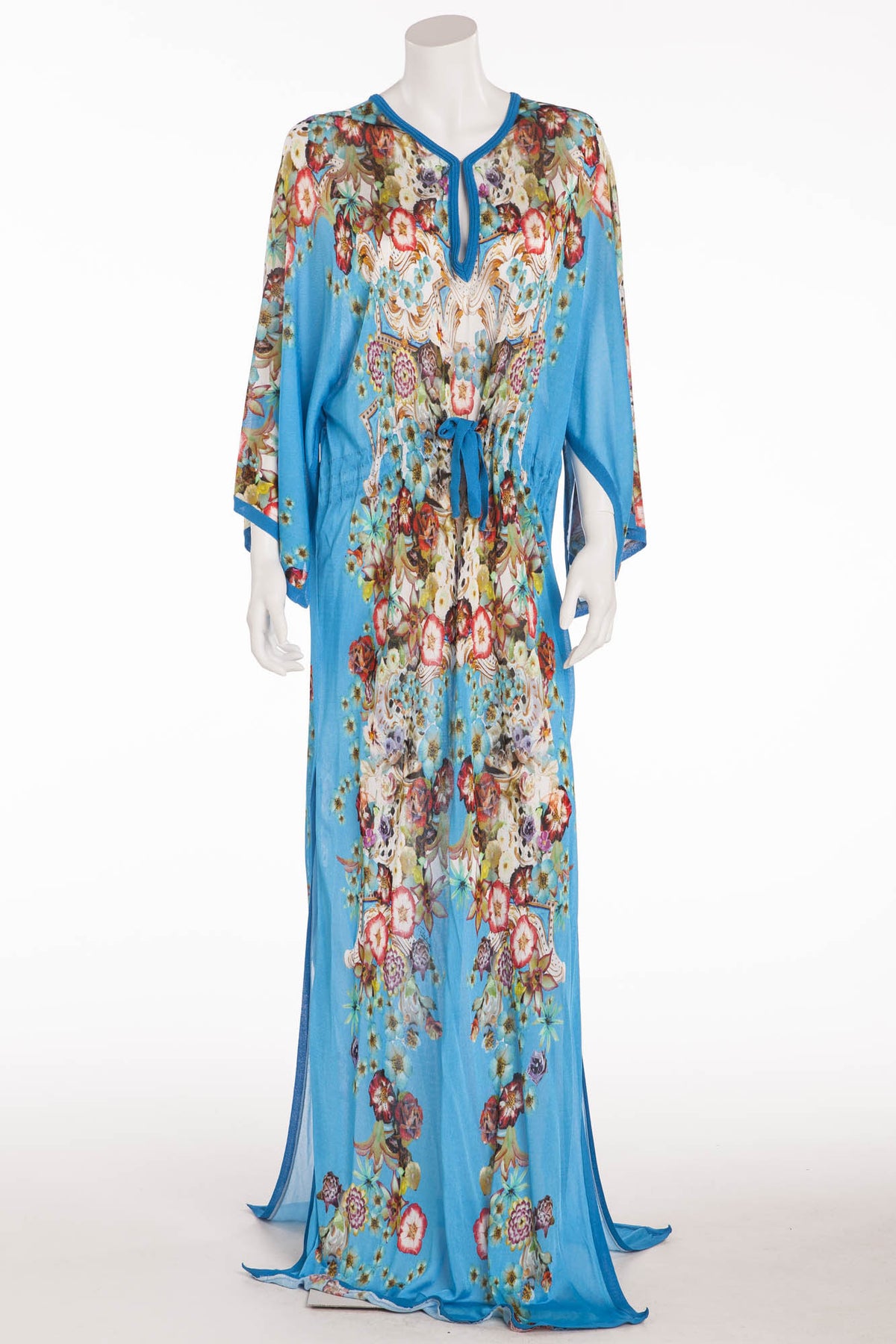 Roberto Cavalli - Blue Floral print Fine knit Long Sleeve Maxi Dress I LUXHAVE Roberto Cavalli - Blue Floral print Fine knit Long Sleeve Maxi Dress I LUXHAVE