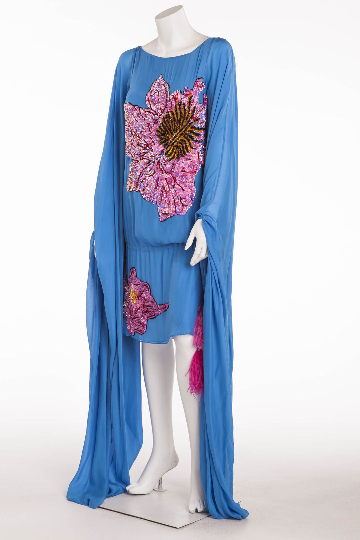 Roberto Cavalli - Unique Collectible Blue Long Sleeve Dress wth Pink S LUXHAVE Roberto Cavalli - Unique Collectible Blue Long Sleeve Dress wth Pink S LUXHAVE