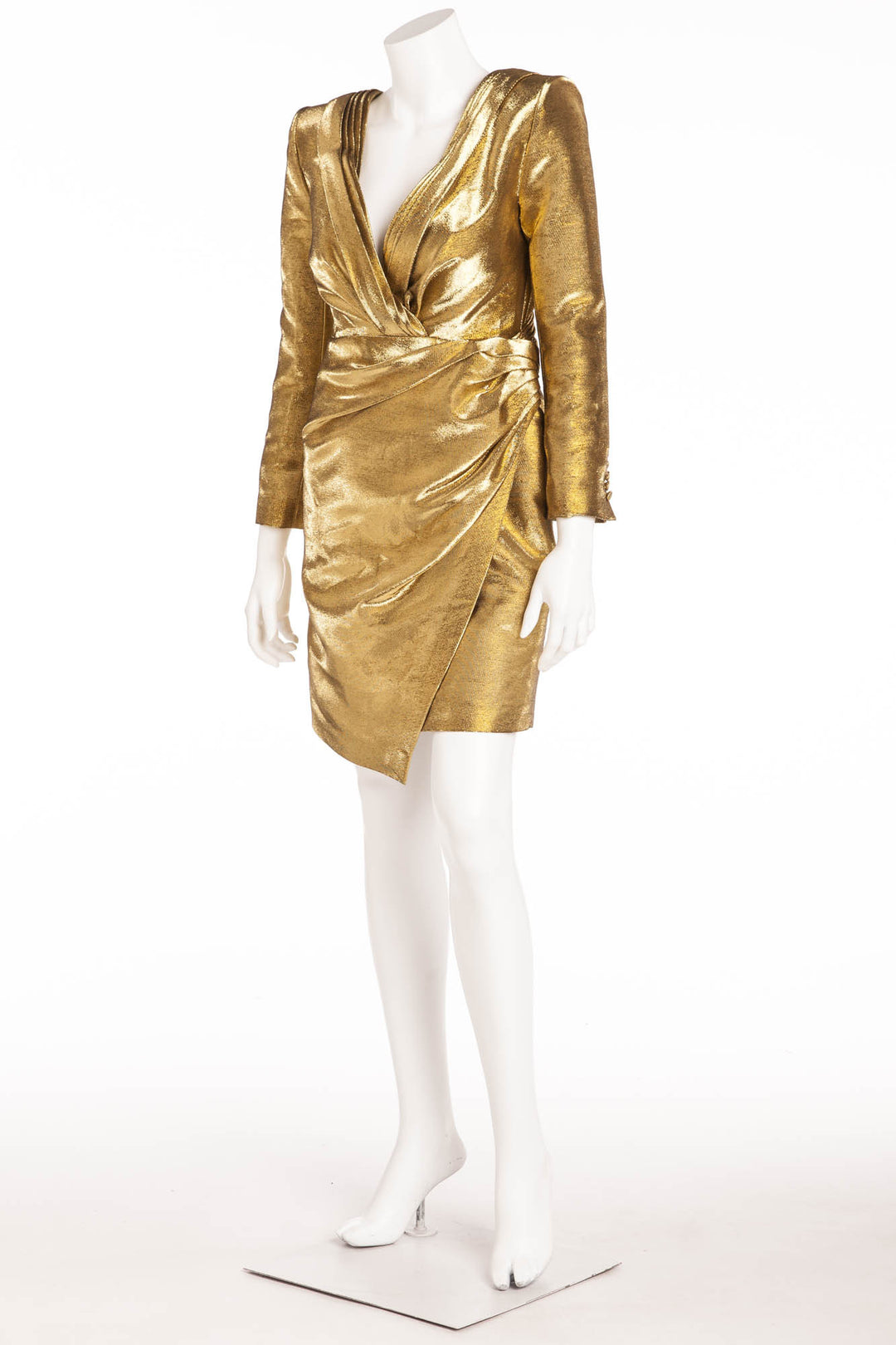 Saint Laurent - New With Tags Gold Lam Ruched Long Sleeve Mini Dress LUXHAVE Saint Laurent - New With Tags Gold Lam Ruched Long Sleeve Mini Dress LUXHAVE