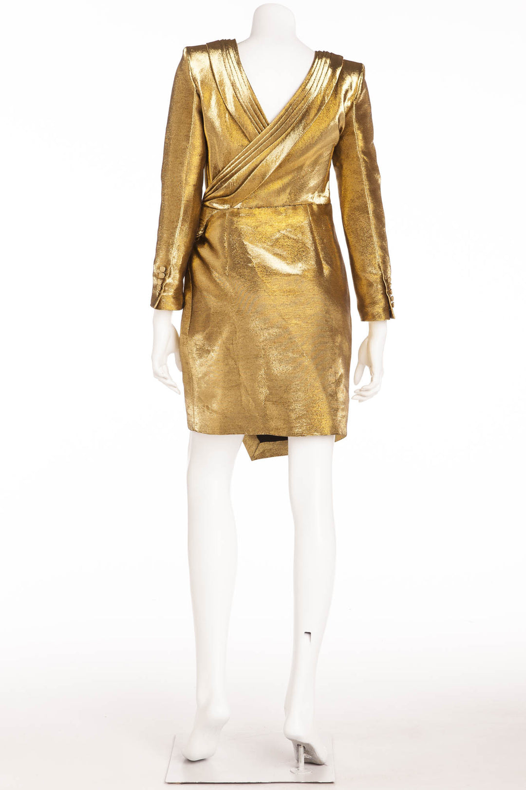 Saint Laurent New With Tags Gold Lame Ruched Long Sleeve Mini Dress LUXHAVE