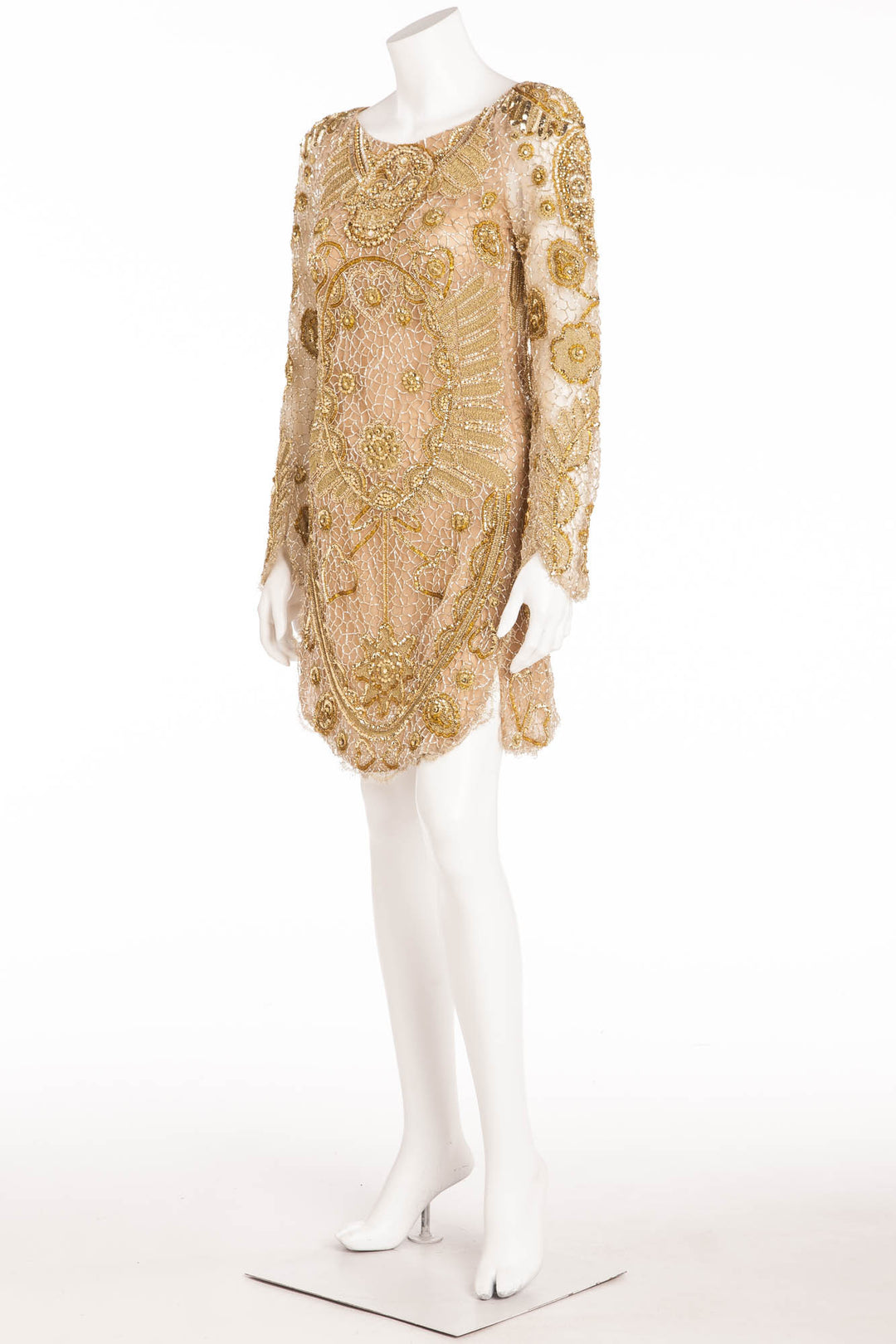 Emilio Pucci - Nude Long Sleeve Gold Beaded Skull Face Dress - IT 42 LUXHAVE Emilio Pucci - Nude Long Sleeve Gold Beaded Skull Face Dress - IT 42 LUXHAVE
