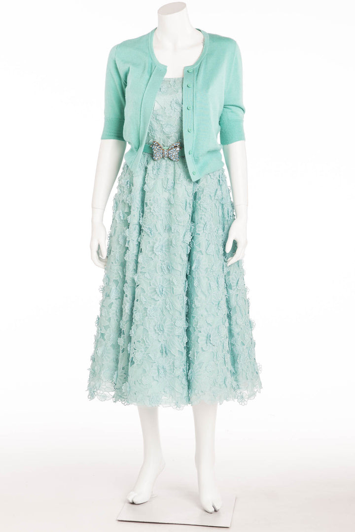 Oscar De La Renta - 3pc Light Turquoise Sleeveless Floral Embroidered LUXHAVE Oscar De La Renta - 3pc Light Turquoise Sleeveless Floral Embroidered LUXHAVE