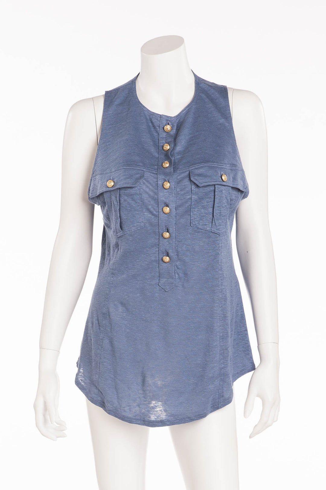 Balmain - Light Blue Linen Tank Top Gold Buttons - FR 42 – LUXHAVE