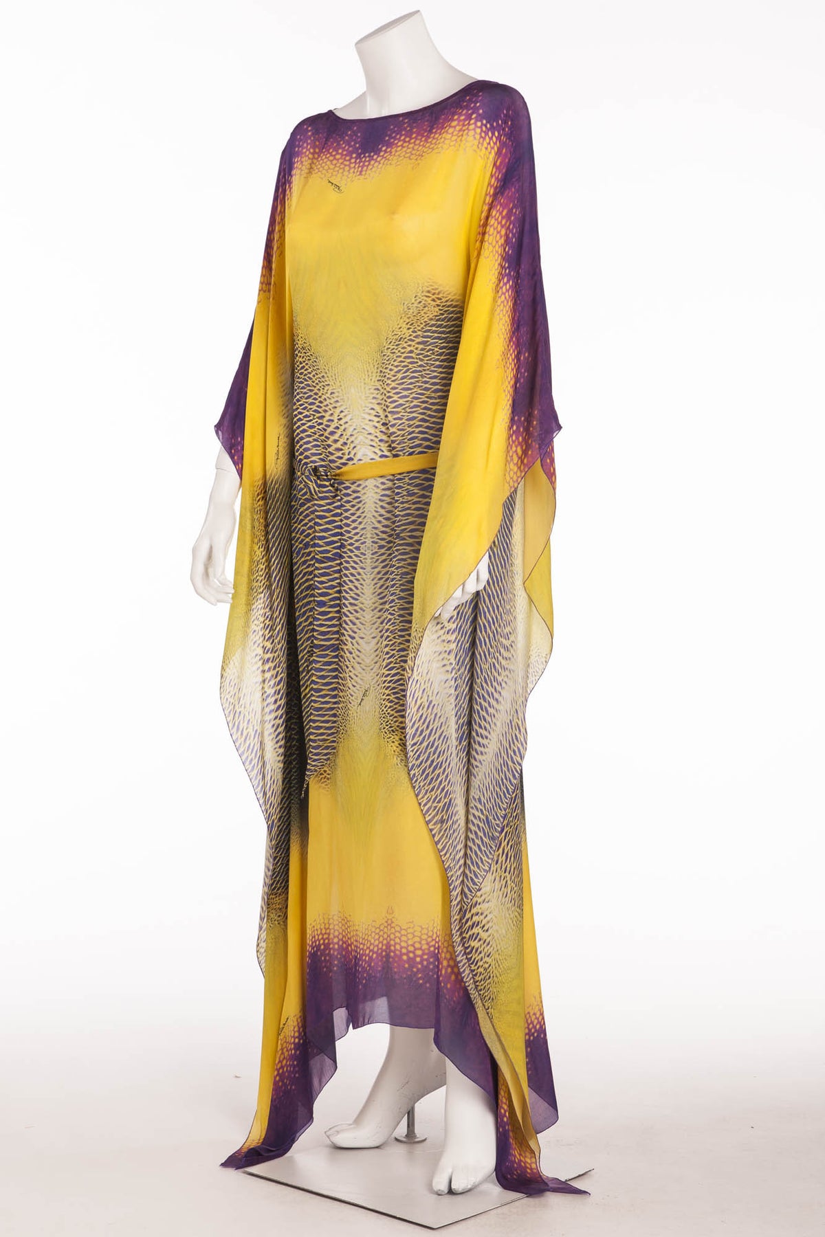 Roberto Cavalli - Purple, Gold & Green Caftan Dress with Belt - LUXHAVE Roberto Cavalli - Purple, Gold & Green Caftan Dress with Belt - LUXHAVE