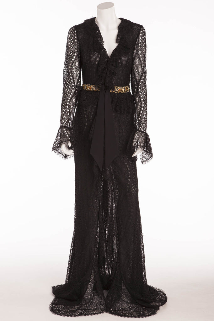 Emilio Pucci - Long Sleeve Black Lace Dress with Gold Beaded Belt