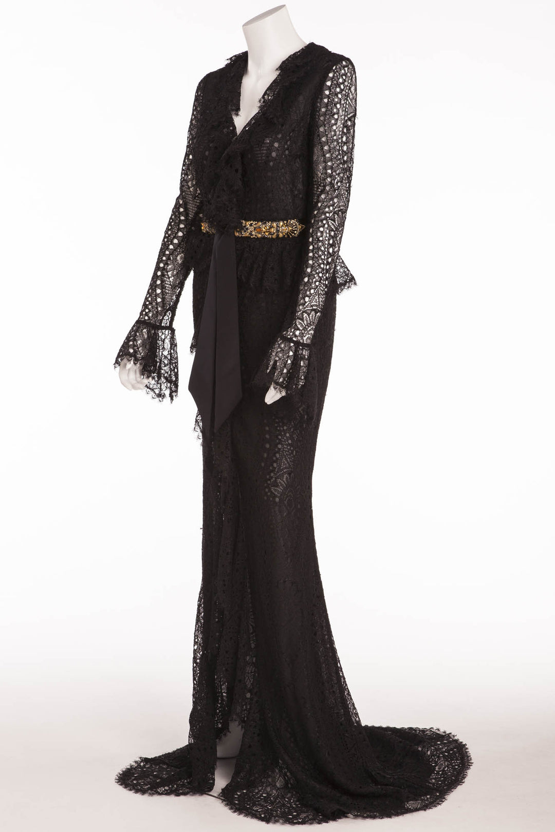 Emilio Pucci - Long Sleeve Black Lace Dress with Gold Beaded Belt