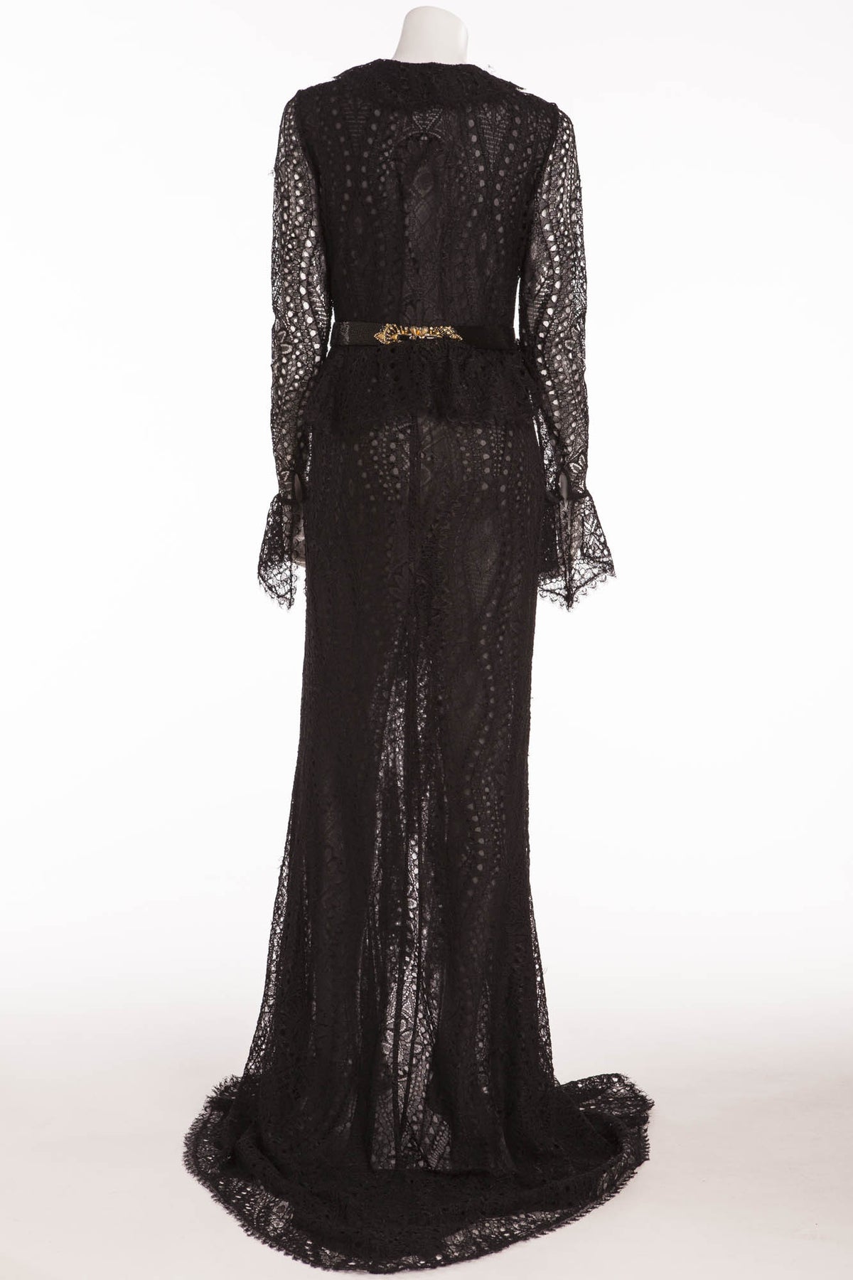 Emilio Pucci - Long Sleeve Black Lace Dress with Gold Beaded Belt - IT LUXHAVE Emilio Pucci - Long Sleeve Black Lace Dress with Gold Beaded Belt - IT LUXHAVE