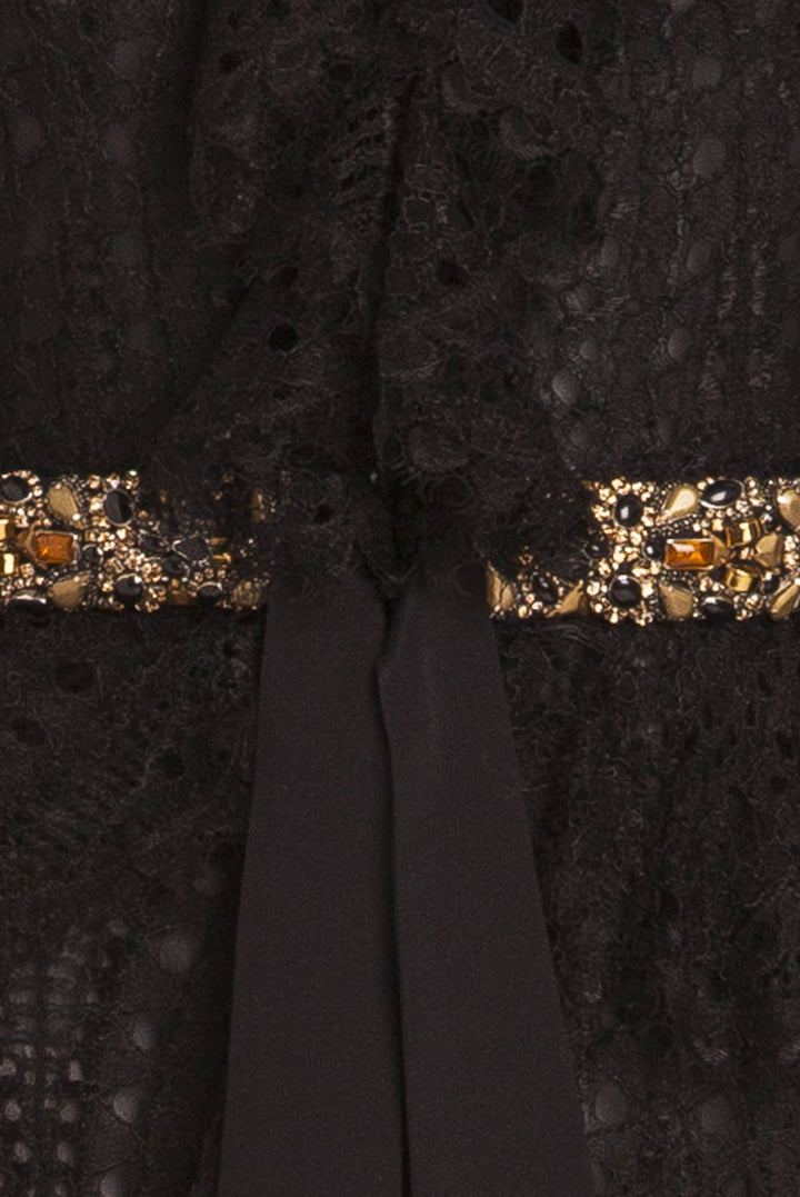 Emilio Pucci - Long Sleeve Black Lace Dress with Gold Beaded Belt - IT LUXHAVE Emilio Pucci - Long Sleeve Black Lace Dress with Gold Beaded Belt - IT LUXHAVE