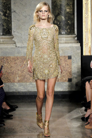Emilio Pucci - Nude Long Sleeve Gold Beaded Skull Face Dress - IT 42 LUXHAVE Emilio Pucci - Nude Long Sleeve Gold Beaded Skull Face Dress - IT 42 LUXHAVE