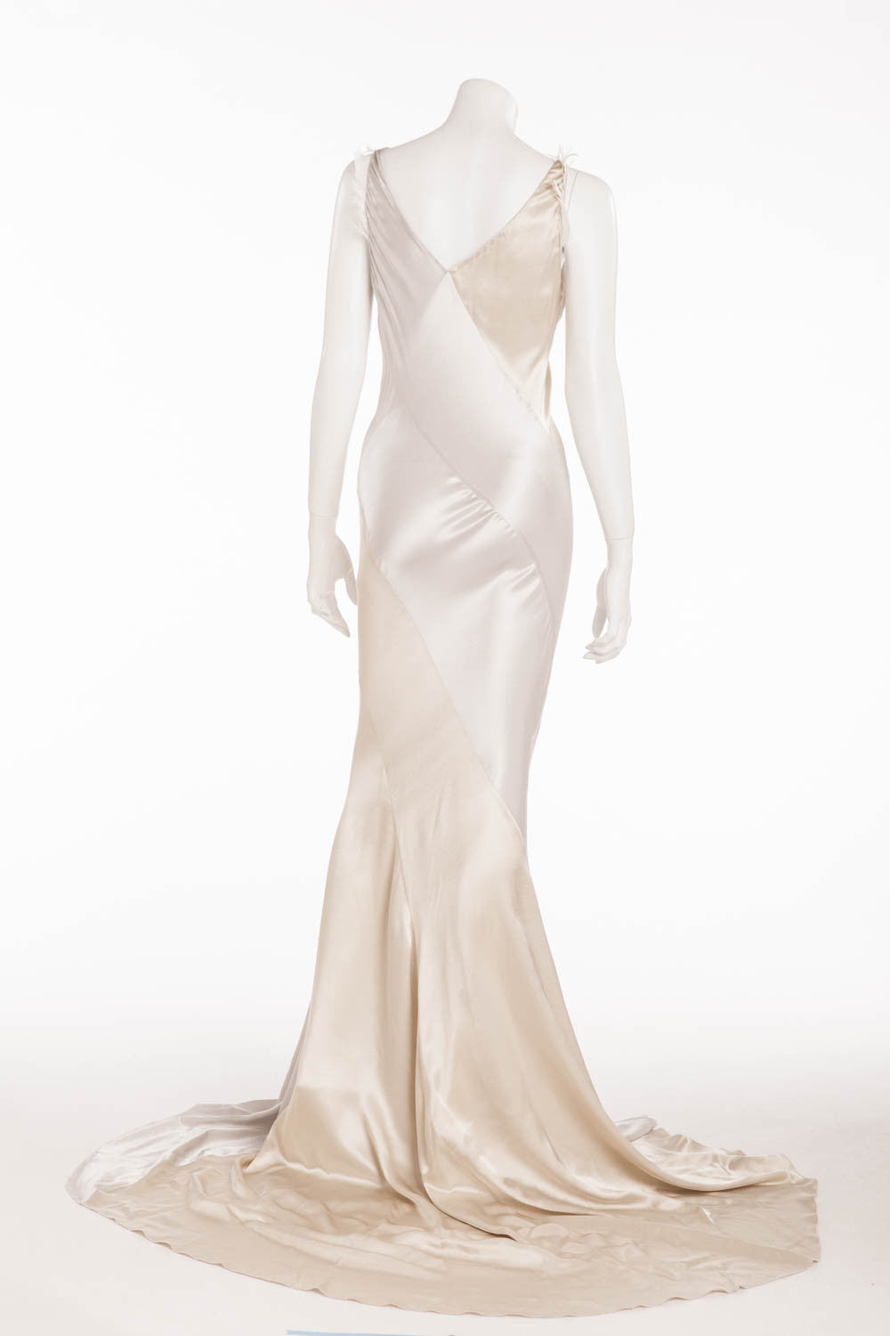 Nina Ricci - Silver and Beige Long Gown with Feathers - FR 38 