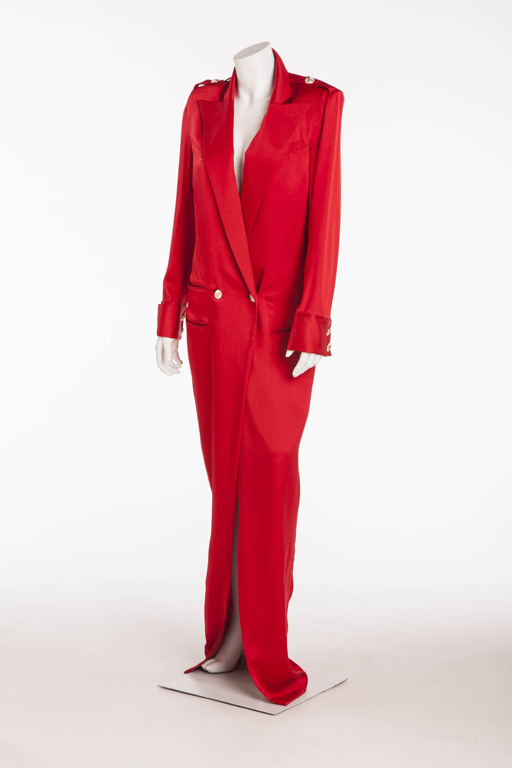Balmain - As Seen on Blake Lively - Brand New Red Long Sleeve Silk Coa LUXHAVE Balmain - As Seen on Blake Lively - Brand New Red Long Sleeve Silk Coa LUXHAVE