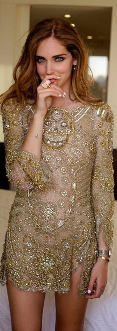 Emilio Pucci - Nude Long Sleeve Gold Beaded Skull Face Dress